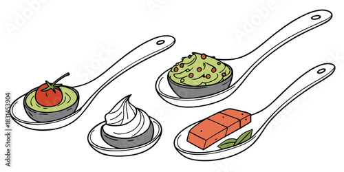 Spoons filled with appetizers like tomato avocado cream cheese salmon and guacamole
