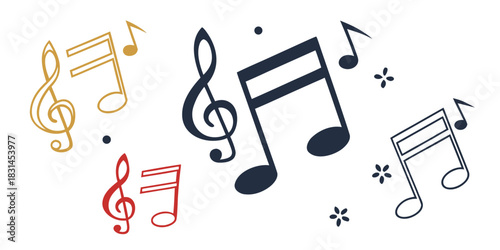 Colorful musical notes and clef symbols dancing on a white background design