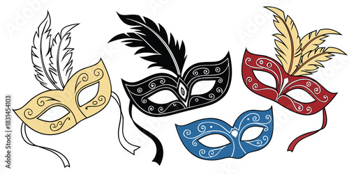 Collection of colorful venetian carnival masks with feathers on a white background