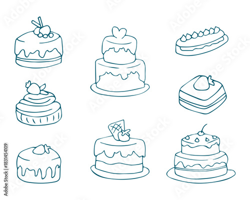Hand drawn set of sweet cakes pastries and desserts outline collection