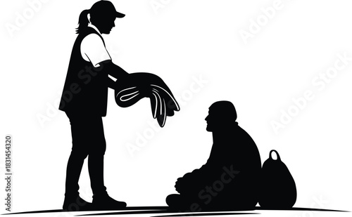 Volunteer giving clothing or blanket to homeless person silhouette vector illustration