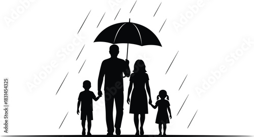 Family Silhouette Walking Under Umbrella in Rain Protection and Care Vector Illustration