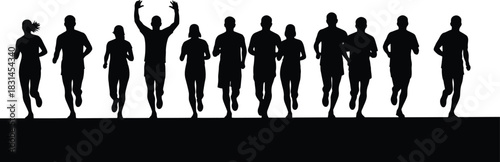 Marathon runners group silhouette black and white vector graphic of athletes running race and celebrating victory