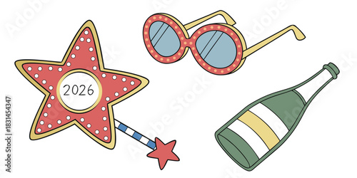 Celebrating new year 2026 with star wand sunglasses and champagne bottle art