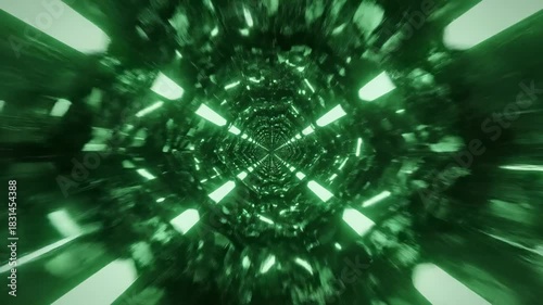 Seamless loop of glowing green geometric tunnels creating an infinite sci-fi corridor animation modern, deep space, depth
