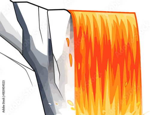 Fiery Waterfall Flowing Down a Cliff Face.