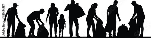 Group of volunteers cleaning up trash silhouettes vector illustration
