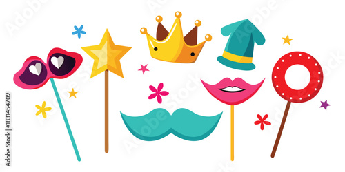 Colorful photo booth props for parties and celebrations on a white background