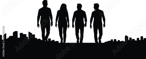 Four people walking forward silhouette over city skyline vector graphic black and white