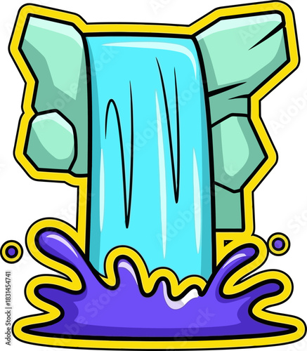 Cartoon Waterfall with Splashing Water and Rocks.