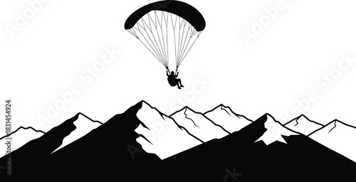 Black and White Paragliding Silhouette Over Mountain Peaks Vector Illustration Adventure Sport Concept