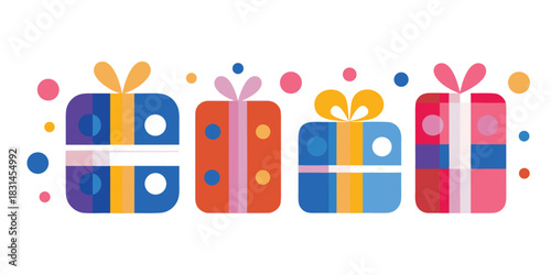 Colorful gift boxes with ribbons and polka dots for holiday celebration design