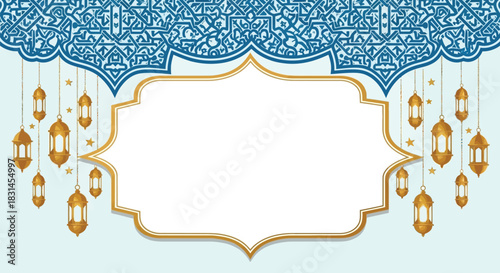 Elegant islamic background design featuring ornate blue arabesque patterns hanging golden lanterns and a central white frame perfect for ramadan or eid greetings