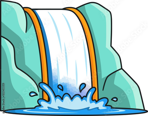 Cartoon Waterfall Flowing Down Rocky Cliffs into Pool.