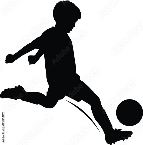 Dynamic silhouette of a young boy soccer player kicking the football vector illustration