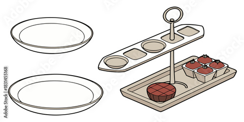 Elegant dessert presentation with tiered stand and individual servings of treats