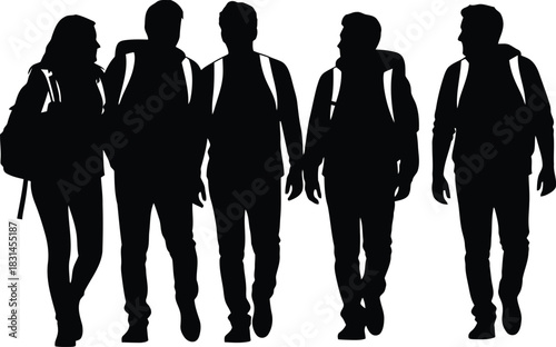 Group of young adults walking silhouette vector illustration isolated on white background depicting students or travelers with backpacks