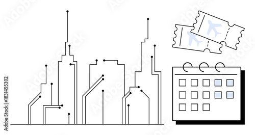 Urban skyline connected by digital nodes, calendar with marked dates, and travel tickets. Ideal for travel, technology, smart city, urban planning, innovation connectivity scheduling. Simple flat