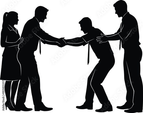 Business conflict silhouette vector illustration of corporate teams pulling an employee in a tug of war struggle