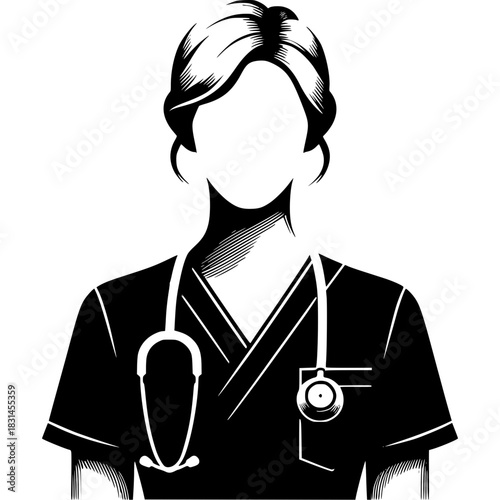 Female Nurse Icon – Black and White Medical Staff Silhouette with Stethoscope