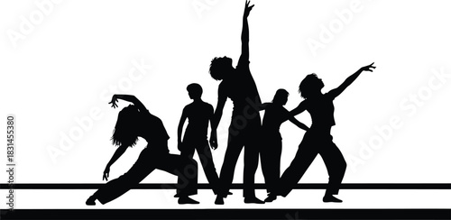 Group of Five Dancers Silhouettes Performing Choreography on a Stage Black and White Vector Illustration