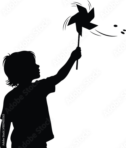 Vector Silhouette of Young Child Holding Up a Pinwheel Spinning in the Wind Isolated on White Background