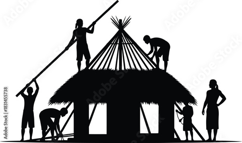 Collaborative construction of a traditional thatched hut silhouette vector illustration depicting teamwork and building a primitive dwelling