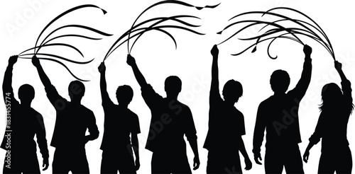 Group of seven people silhouettes raising hands holding abstract flowing elements Black and White vector graphic banner