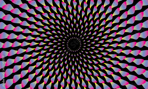 Vector abstract 3d background with curved leaf or petal patterns, bright color gradations on a black background, creating the illusion of depth and futuristic dynamic rotating movement.