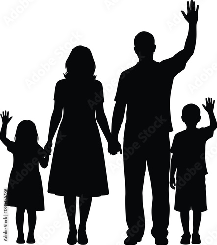 Family of four black silhouette vector parents and two children holding hands and waving greeting