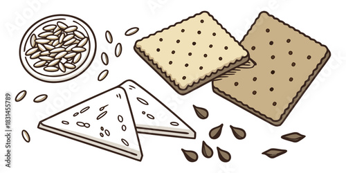 Delicious crackers and seeds arranged on a white surface for a healthy snack