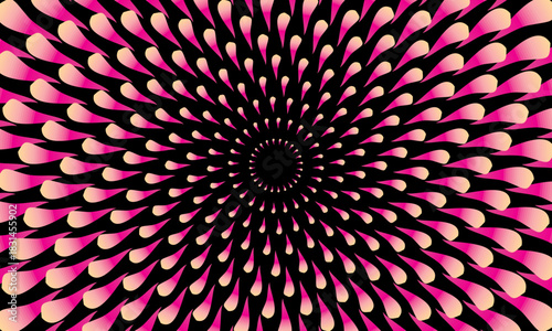 Vector abstract 3d background with curved leaf or petal patterns, bright color gradations on a black background, creating the illusion of depth and futuristic dynamic rotating movement.