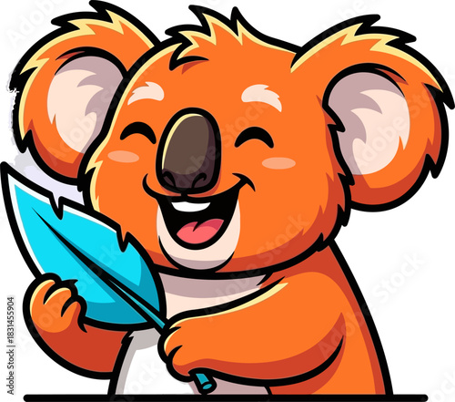 Cute cartoon koala holding a blue feather illustration.