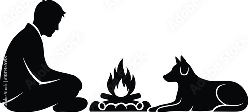Man and dog silhouette sitting by a campfire vector illustration