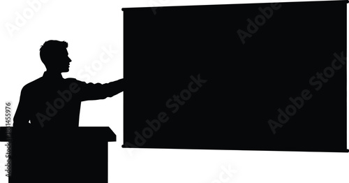 Black Silhouette of Man Presenter Speaking at Podium Pointing to Blank Projection Screen Vector