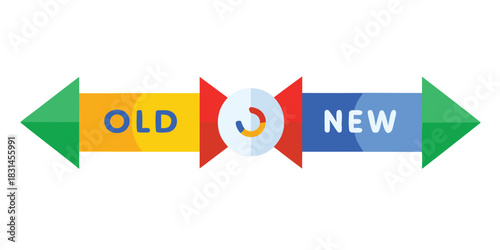 Colorful graphic showing the transition from old to new with arrows and data