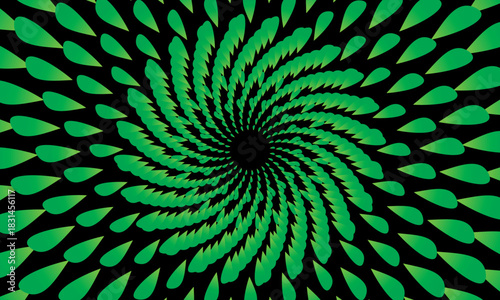 Vector abstract 3d background with curved leaf or petal patterns, bright color gradations on a black background, creating the illusion of depth and futuristic dynamic rotating movement.