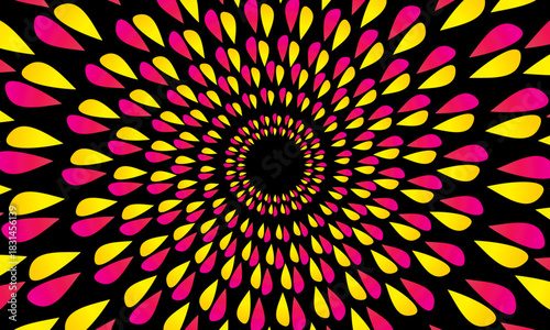 Vector abstract 3d background with curved leaf or petal patterns, bright color gradations on a black background, creating the illusion of depth and futuristic dynamic rotating movement.