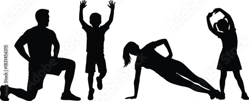 Family Fitness Silhouettes Workout Set Man Woman Boy Girl Exercising Black Vector Illustration