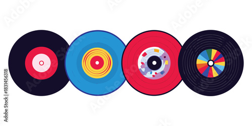 Four colorful vinyl records arranged in a row against a clean white background