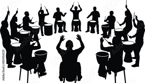 Drum Circle Silhouette Vector Illustration of Musicians Playing Percussion Instruments in a Group
