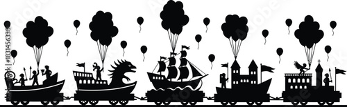 Fantasy Adventure Parade Train Silhouette with Balloons and Castle Ship Dragon Wagons