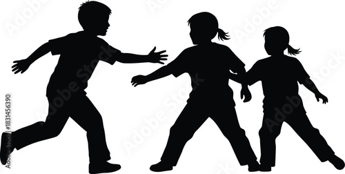 Dynamic vector silhouette of three children playing chase or running together