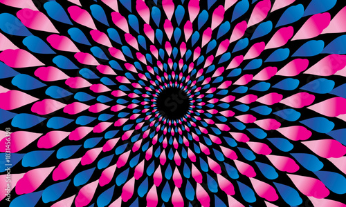 Vector abstract 3d background with curved leaf or petal patterns, bright color gradations on a black background, creating the illusion of depth and futuristic dynamic rotating movement.