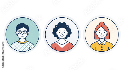 Set of three diverse user avatar icons representing different people and demographics isolated on transparent background