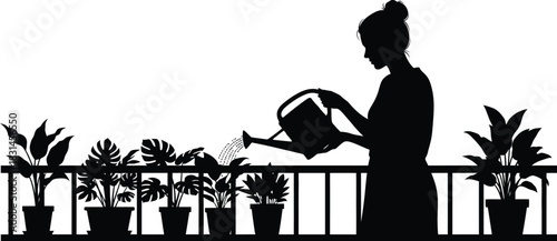 Vector silhouette of woman watering potted house plants on a balcony railing urban gardening concept graphic resource