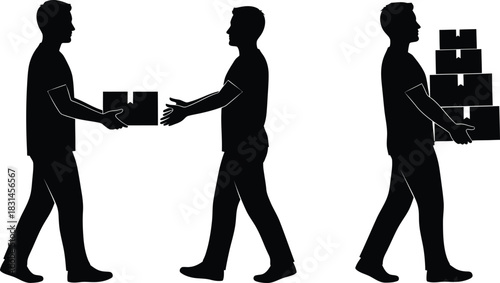 Black Silhouette Vector Set of Delivery Men Carrying and Exchanging Cardboard Boxes for Moving Shipping or Logistics