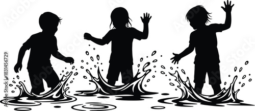 Black Silhouette Vector of Three Children Splashing Water Puddle Play Fun Isolated Graphic