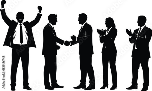 Business People Silhouettes Success Handshake Cheering and Applause Teamwork Group Vector