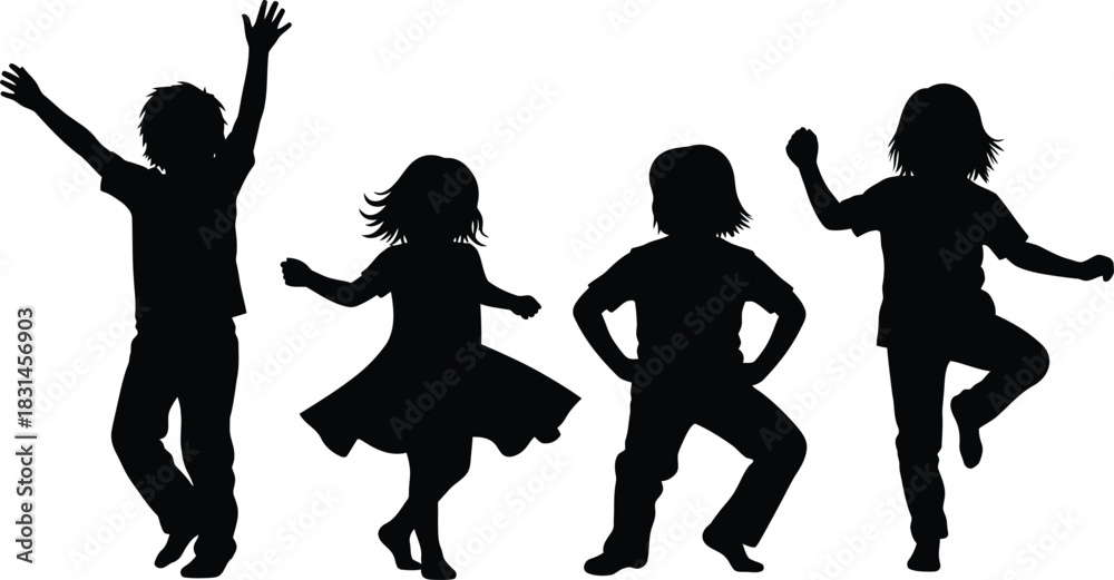 Fototapeta premium Four Kids Silhouettes Joyful Dancing Jumping Playing Celebrating Childhood Fun Vector Graphic